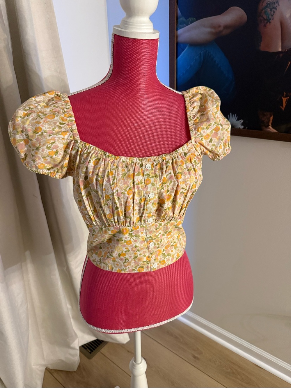 Yellow Floral Puff-Sleeve Smocked Crop Top